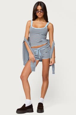 Lillian Striped Knit Shorts Adjustable Tie Waist Rayon Polyester Nylon