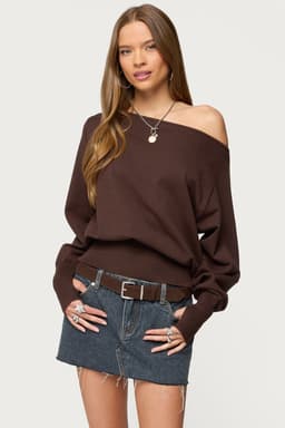 Off Shoulder Oversized Acrylic Sweater with Thumb Holes - Elastic Hem & Cuffs