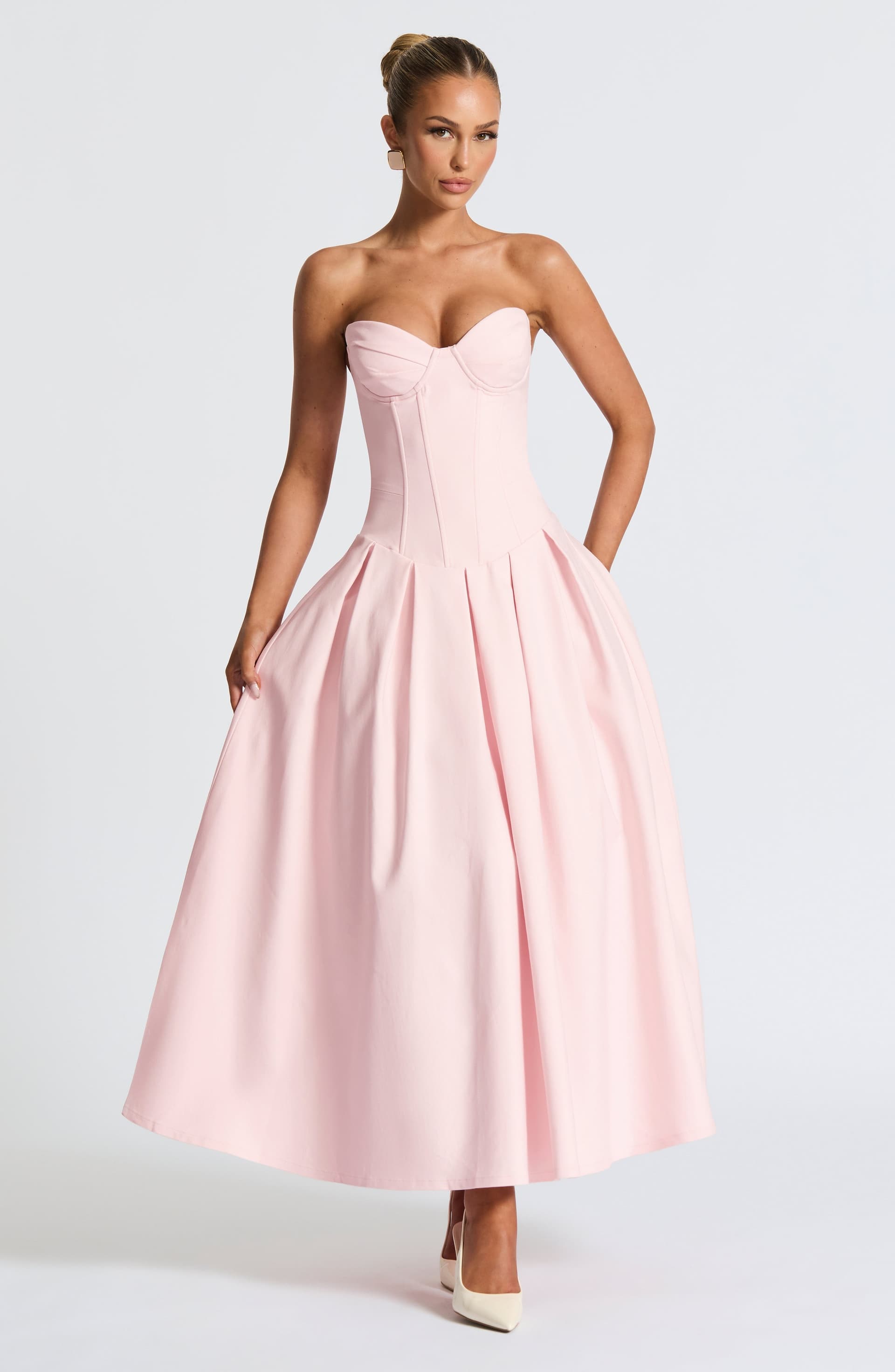 Salma Blush Stretch Bengaline Strapless Midi Dress with Pleated Skirt
