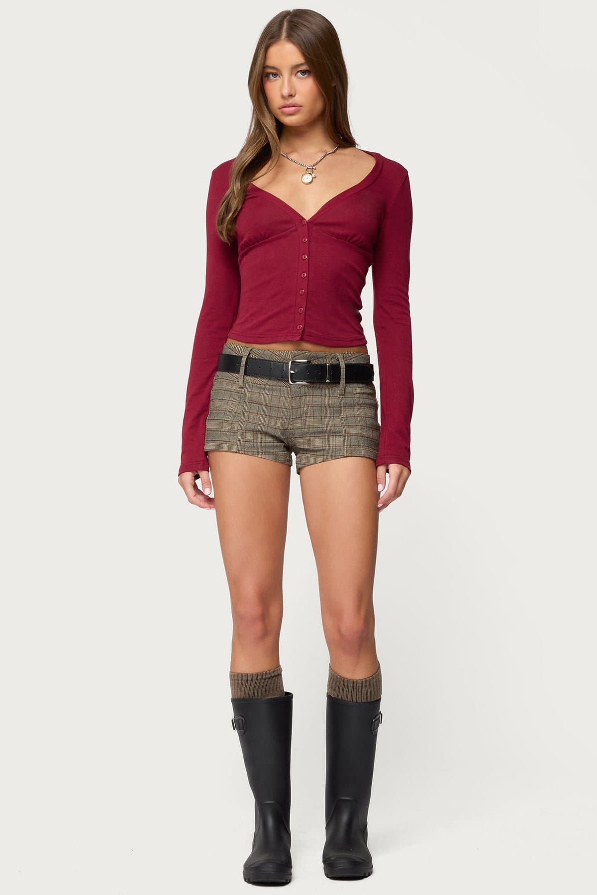 Charla V-Neck Button-Up Long Sleeve Top - Cotton Rayon Spandex