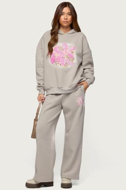 Wild Petal Sweatpants - Flower Leopard Print, Polyester Cotton, Elastic Waistband Straight Leg