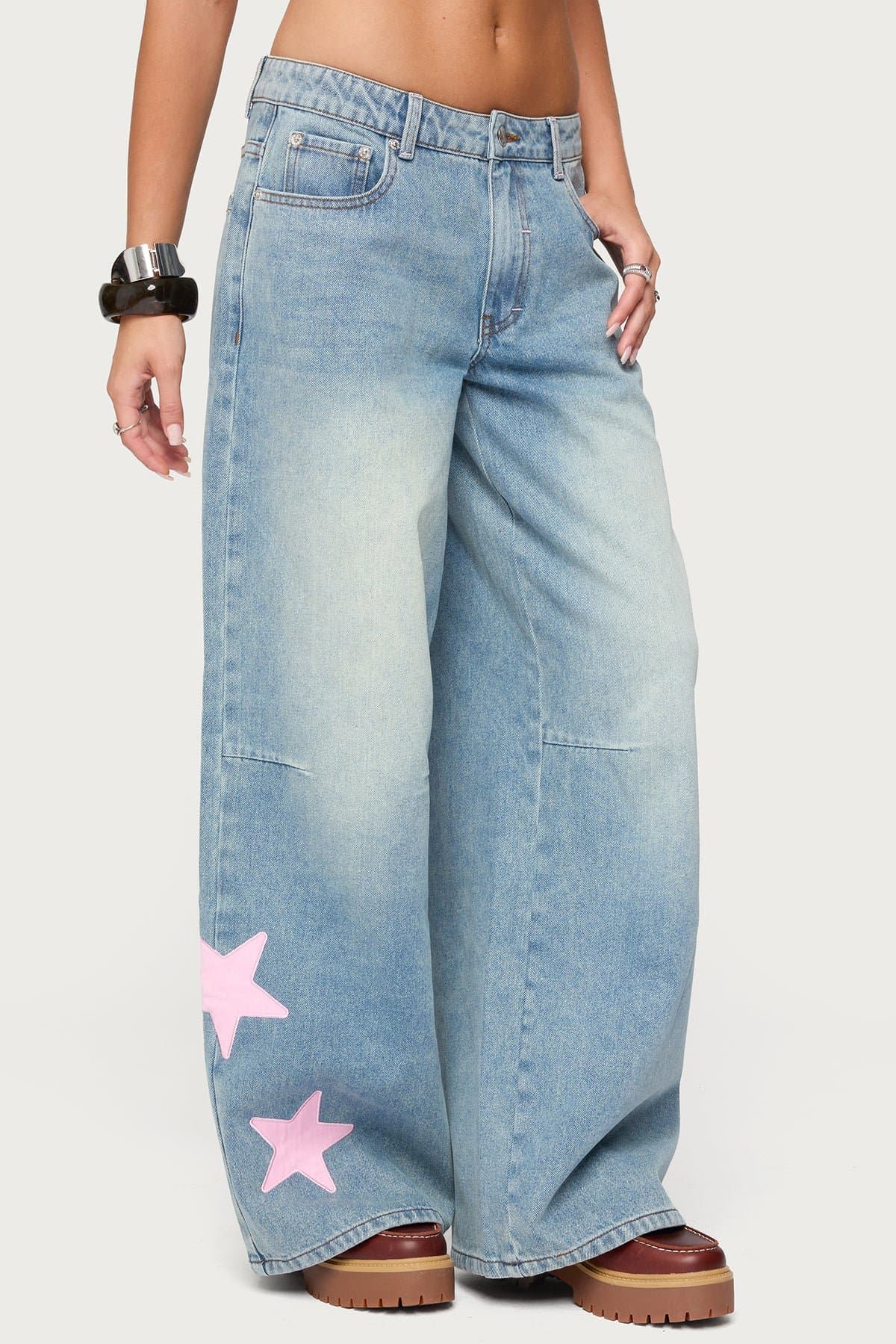 Trish Stars Low Rise Baggy Jeans with Embroidered Satin Star Patches Rigid Denim