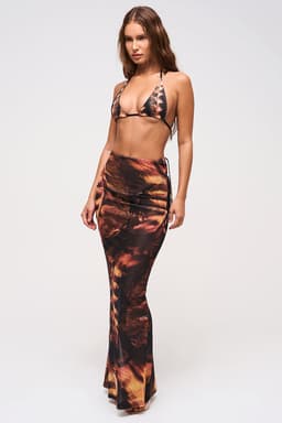 Ember Mesh Maxi Skirt - Single Layer Sheer Stretchy Print with Side Ruching