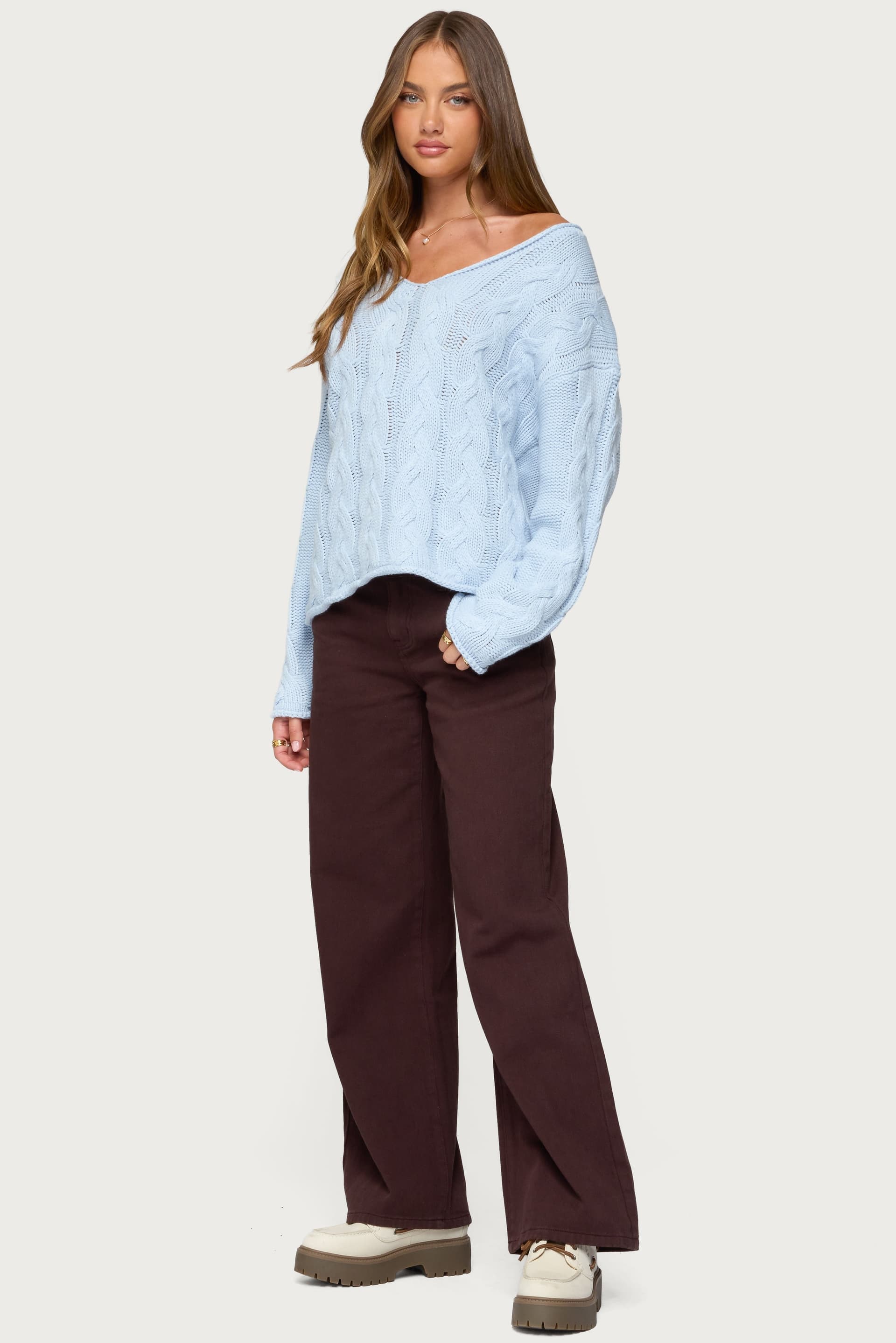 Inga Oversized Cable Knit Sweater - Deep V Neck Acrylic Sweater