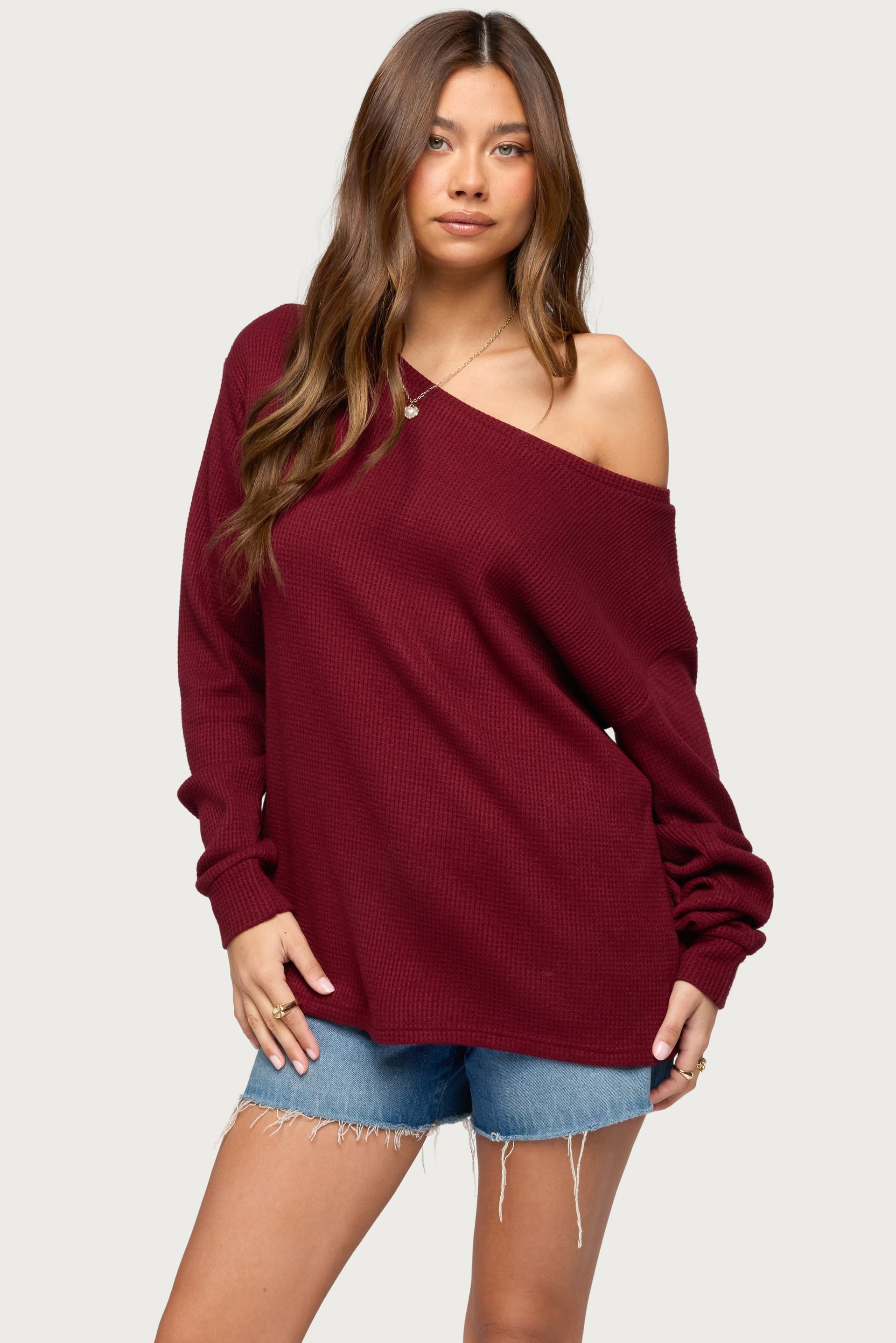 Damari Off Shoulder Oversized Waffle Top - Long Sleeve Rayon Polyester Nylon