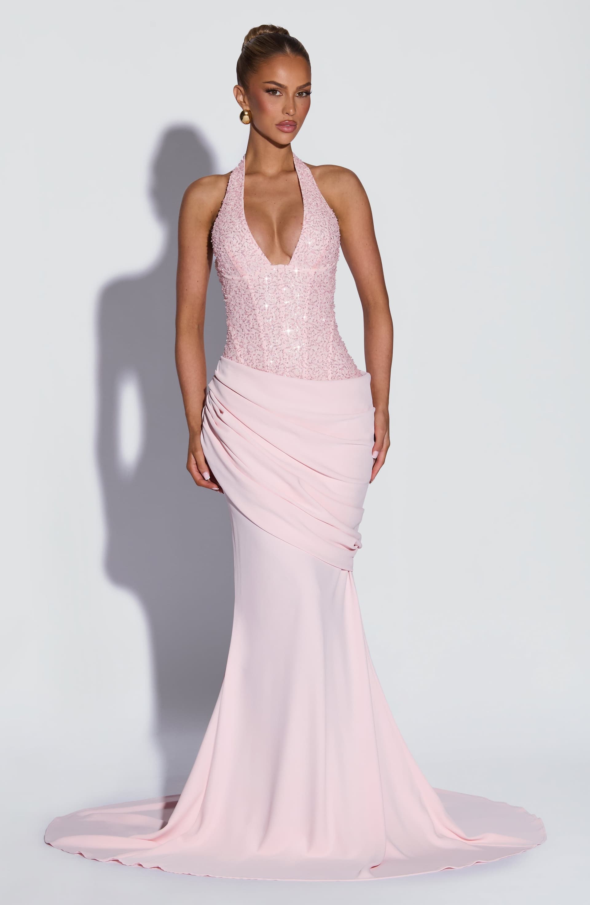 Taylor Blush Gown - Embellished Mesh Bodice, Pleated Twill Skirt, Mermaid Train