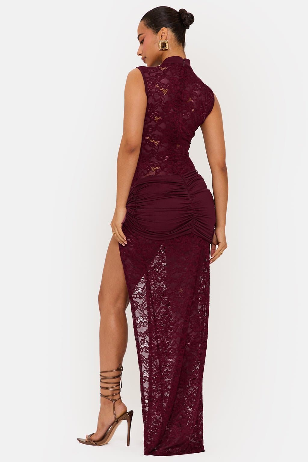 Onyx Lace Maxi Dress - Mock Neck, Thigh-High Split, Sheer Overlay, Gold Hardware