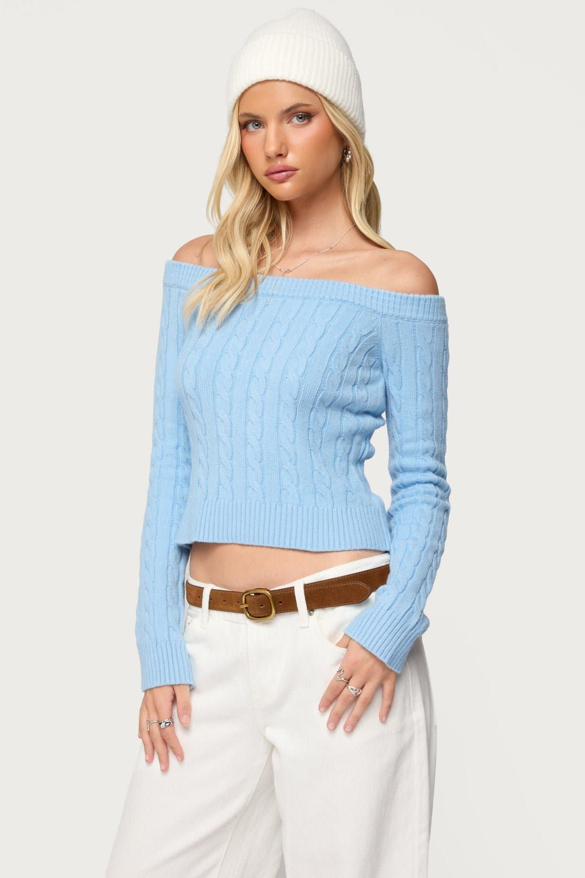 Taniza Off Shoulder Cable Knit Sweater - Rayon Polyester Spandex