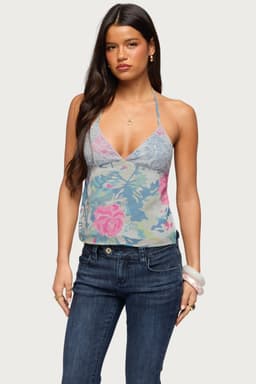 Bloomey Printed Backless Halter Top - Lace Bust Floral Polyester