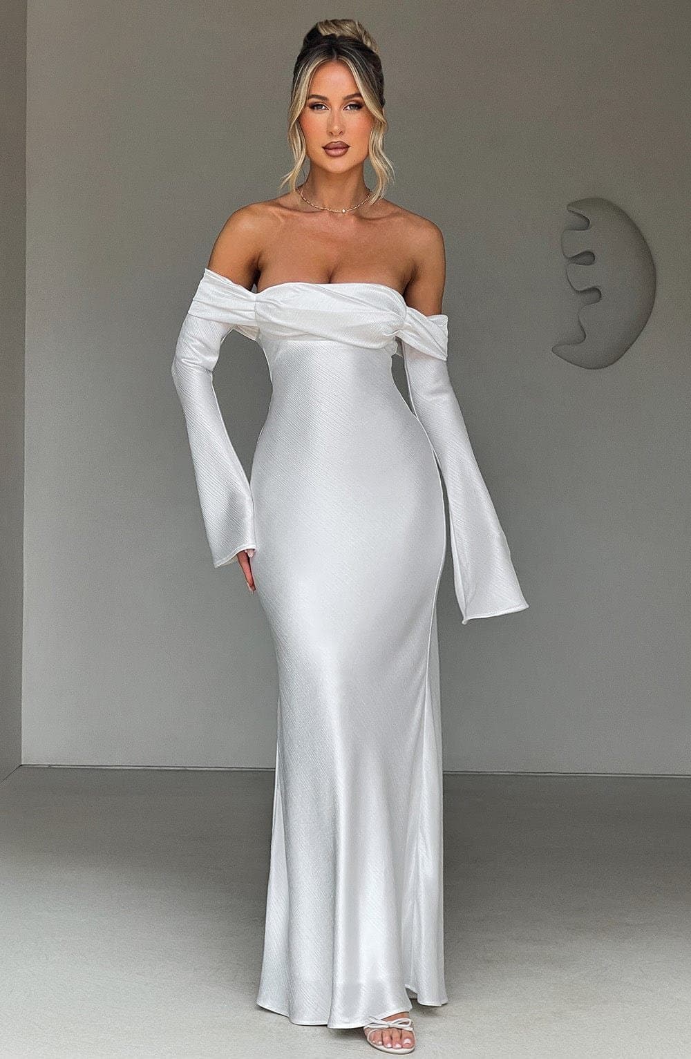 Selene Maxi Dress in Ivory - Textured Satin Bardot Neckline Long Sleeve