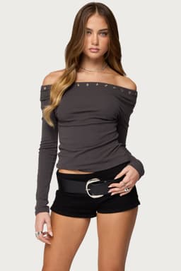 Rebekka Grommet Off Shoulder Long Sleeve Top - Polyester Rayon Spandex