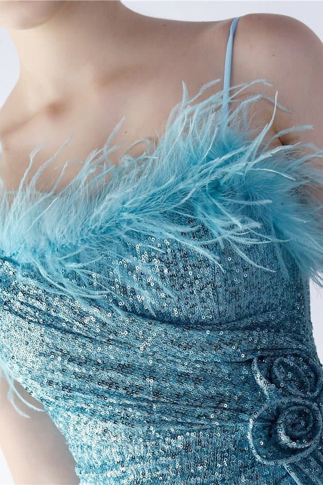 Ostrich Feather Embellished V-Neck Sleeveless Maxi Dress