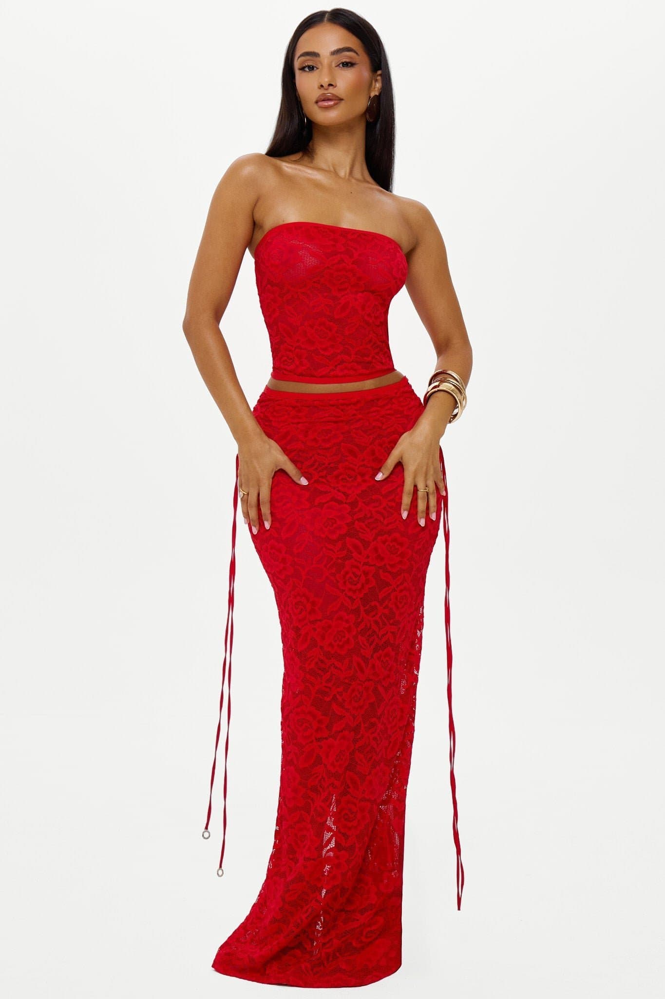 Rosalia Maxi Skirt with Lace-Up Hips and Gold Trims