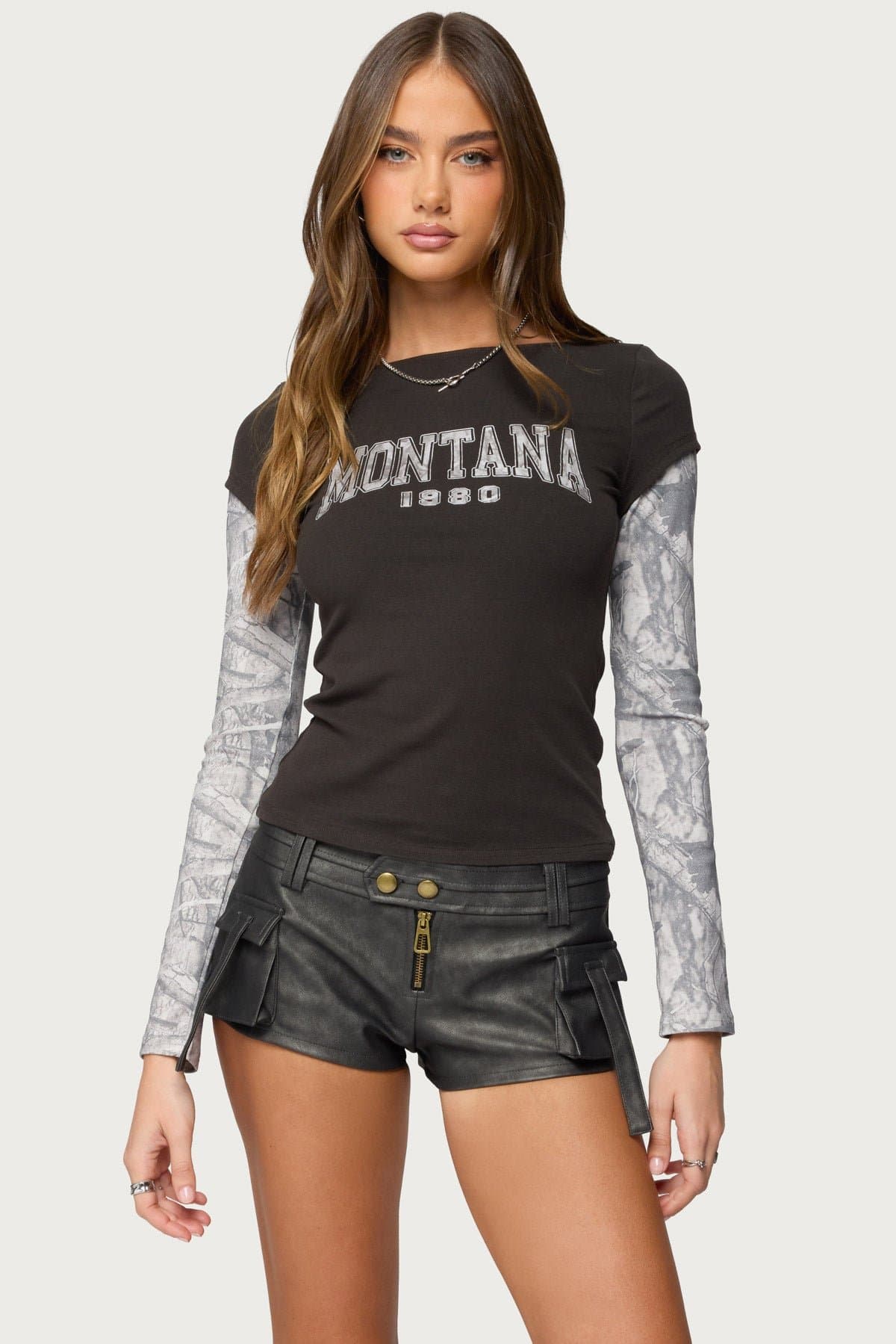 Layered Camo Long Sleeve T-Shirt with Montana 1880 Graphic Boat Neck Cotton Blend