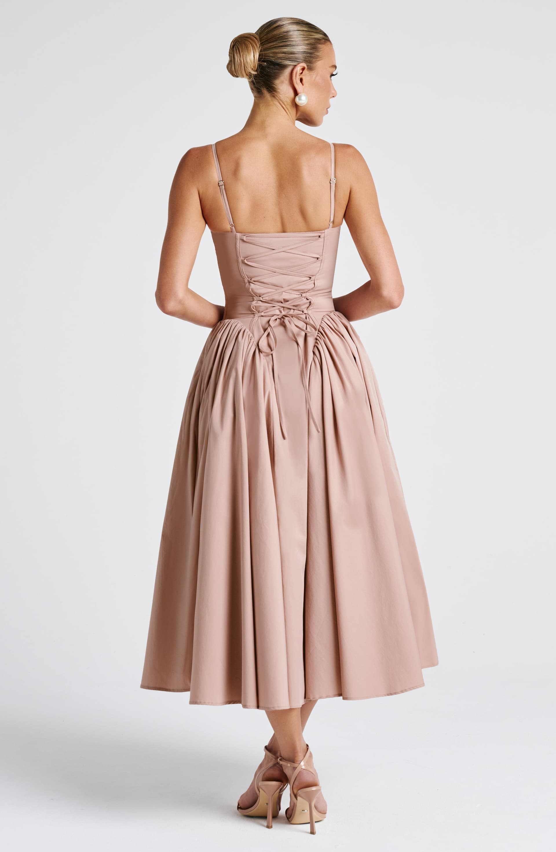 Emerson Midi Dress in Clay - Sweetheart Neckline Lace-Up Back Dropped Waist