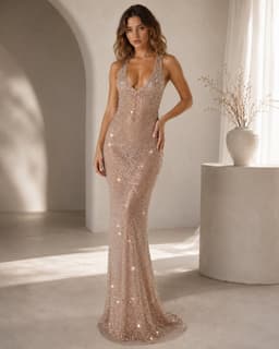 Women's Champagne Sequin Maxi Dress – Deep V-Neck Open Back Bodycon Mermaid Evening Gown