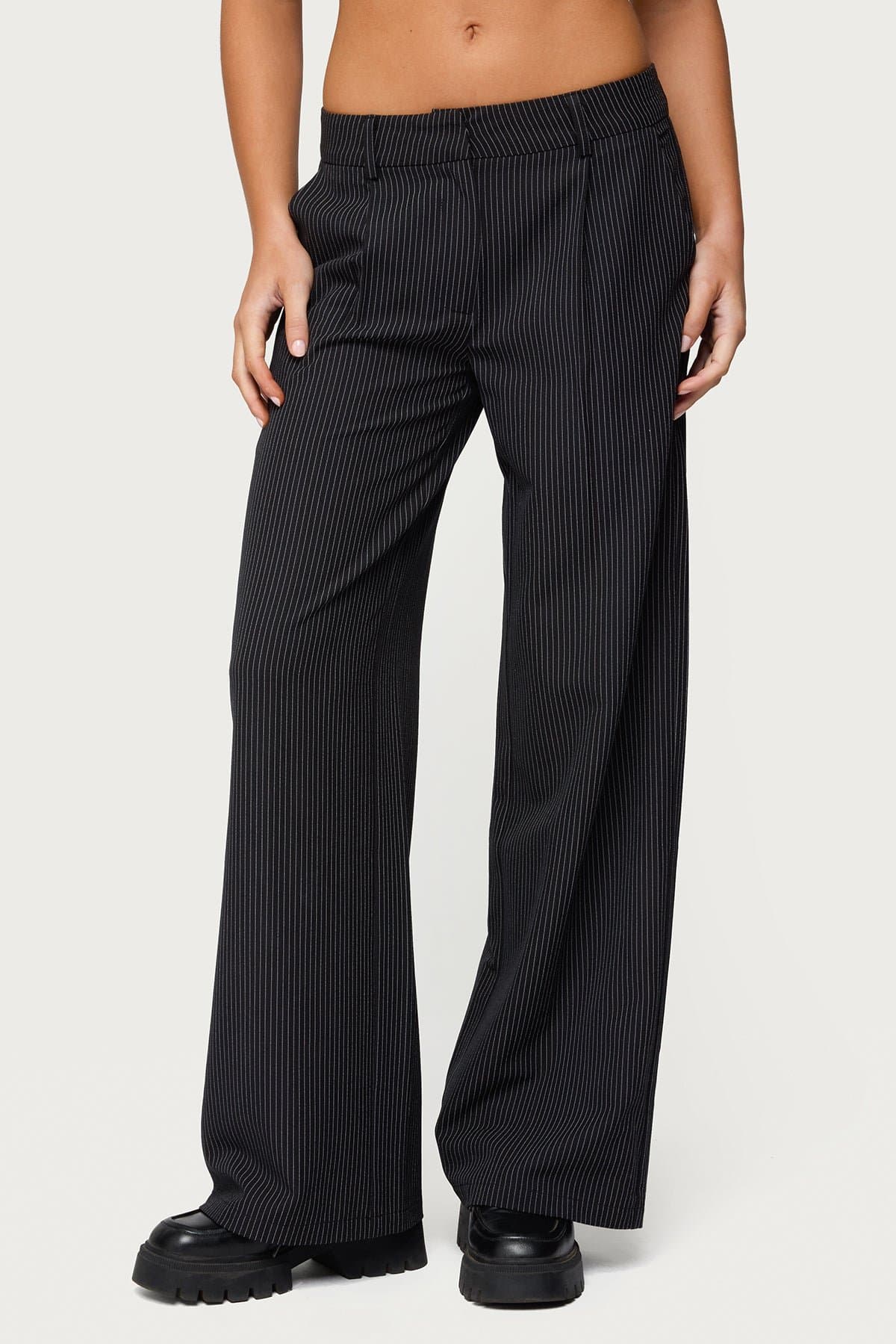 Pinstripe Tailored Straight Leg Pants - Polyester Rayon Spandex Blend