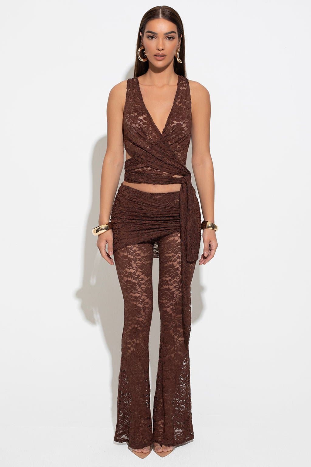 Adina Brown Lace Flare Leg Trouser Co-ord Set with Wrap Top