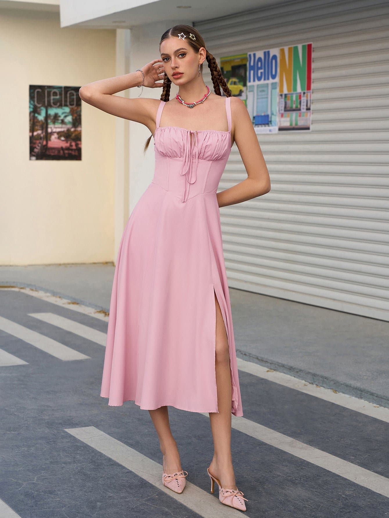 Ruched Bust Split Thigh Cami Dress