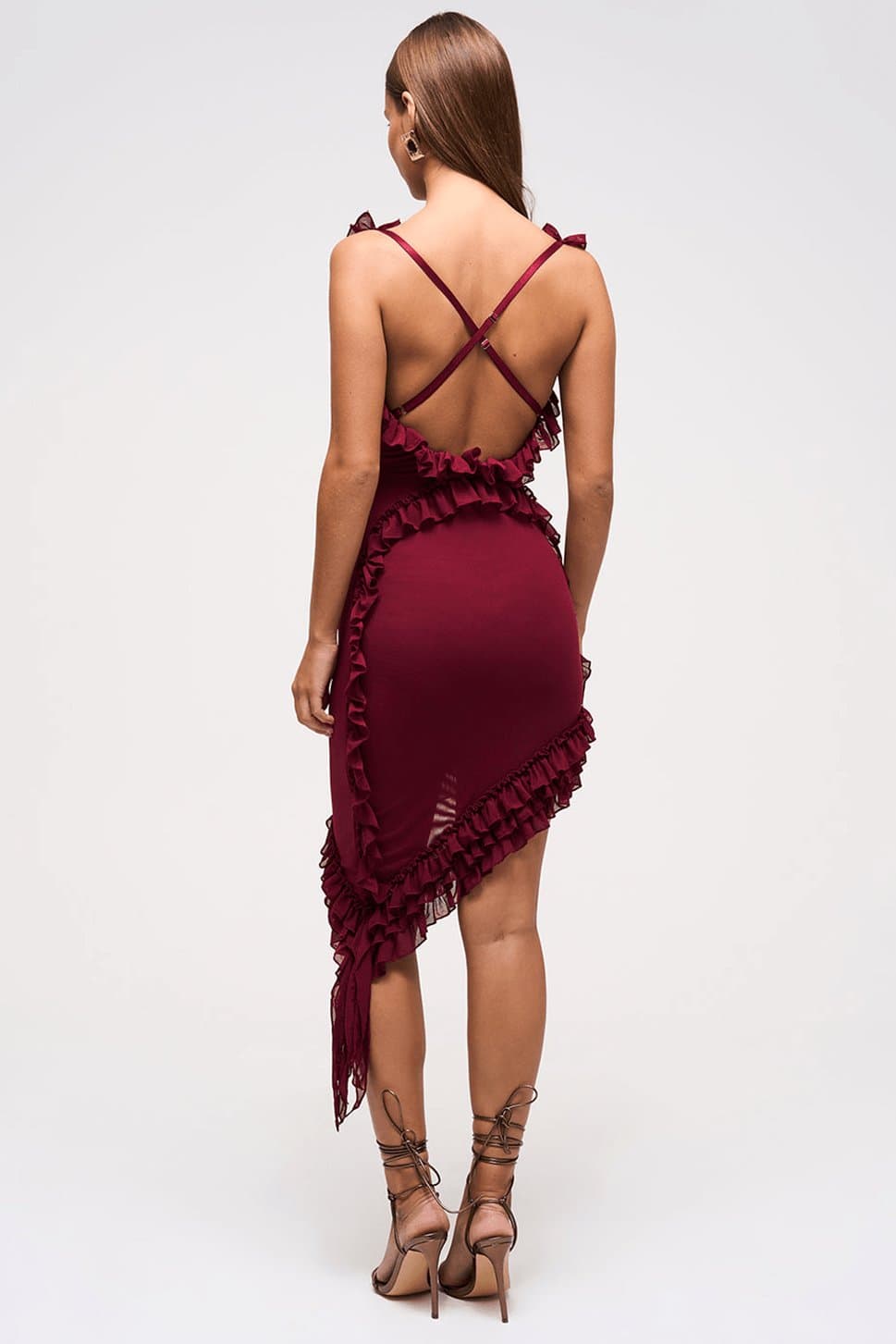 Amani Ruffle Detail Asymmetric Deep Maroon Dress - Adjustable Straps, Bodycon Fit