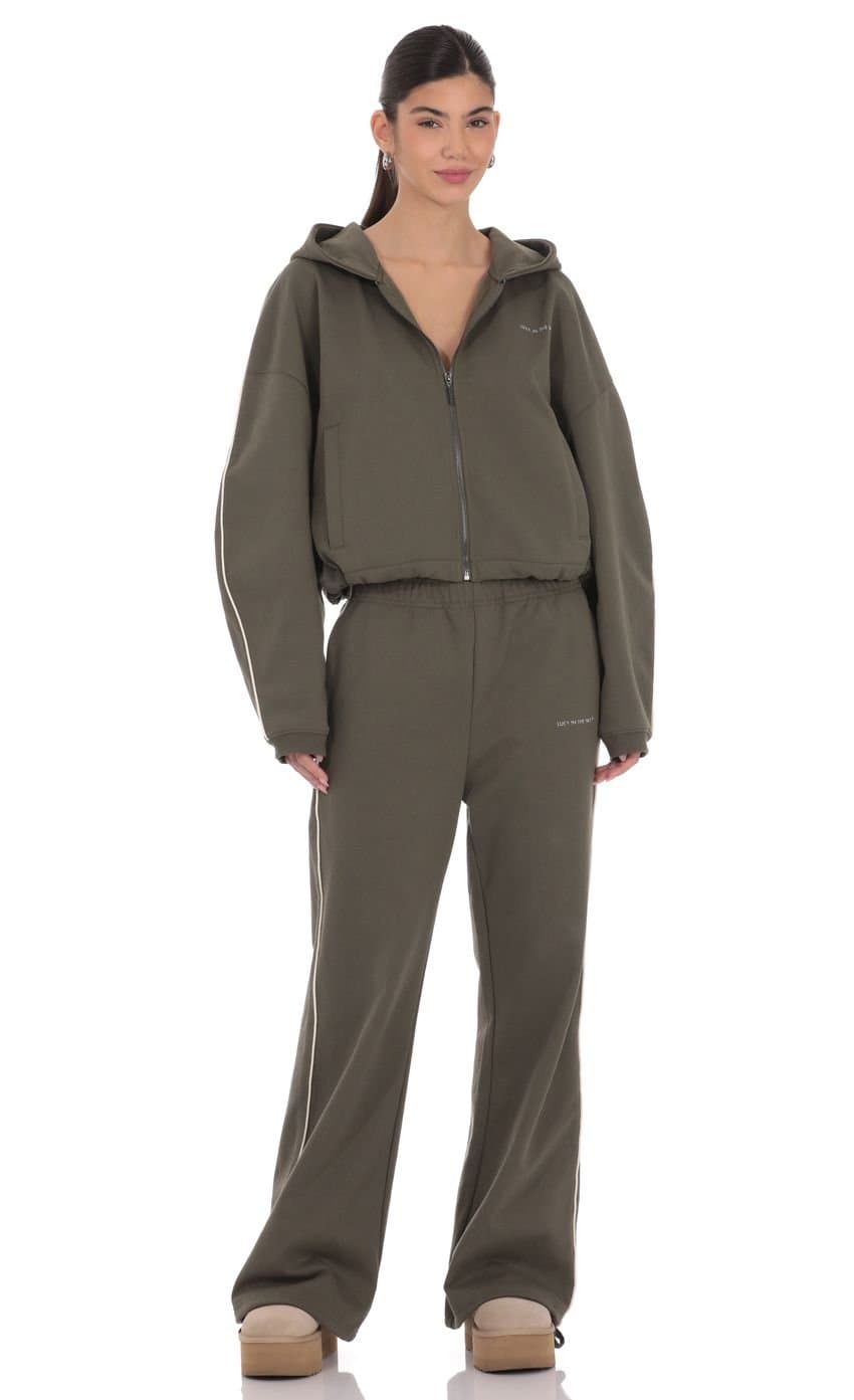 Cropped Cinch Waist Hoodie in Olive Green