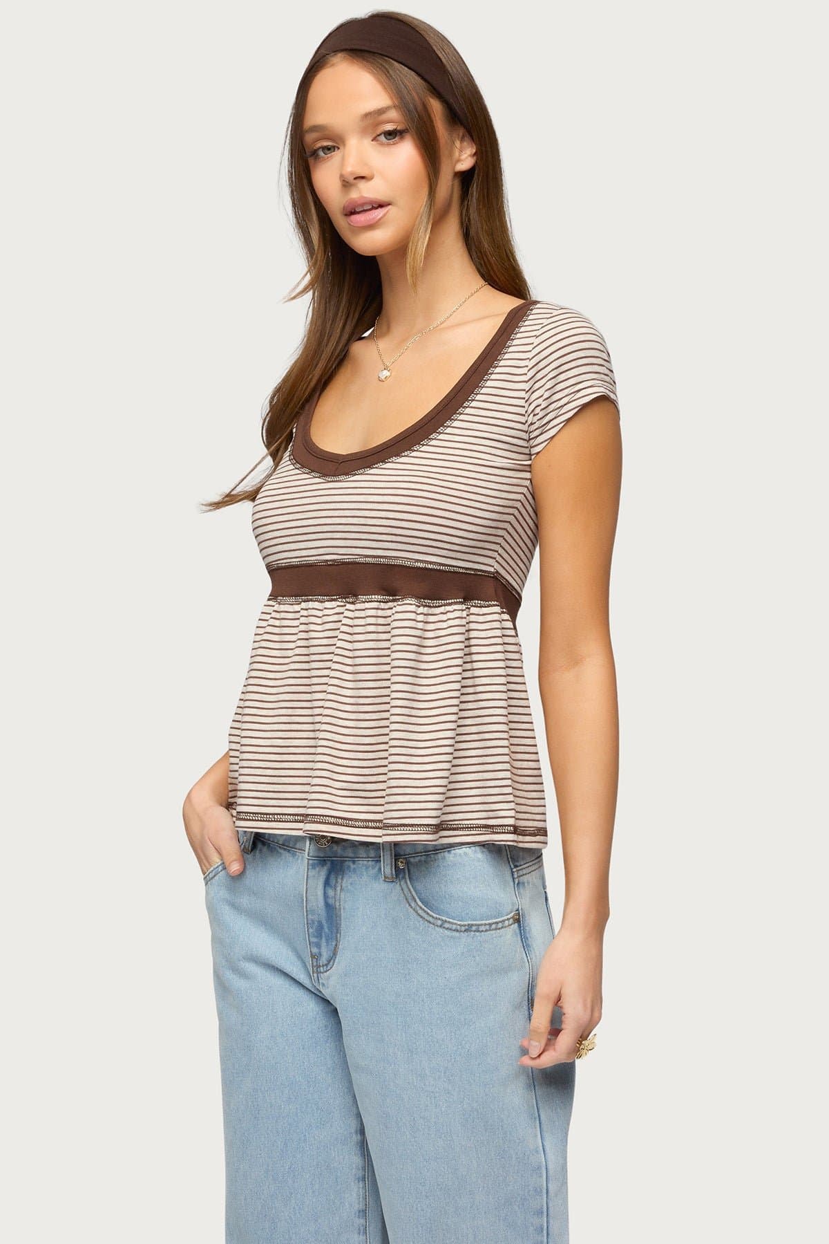 Sady Contrast Striped Babydoll Top - Cotton Spandex Women's Blouse Size S