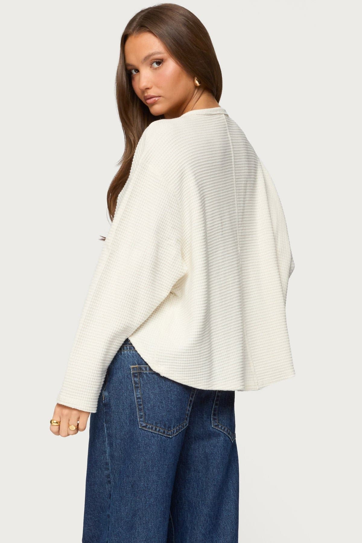 Alisia Oversized Waffle Henley Top - Long Sleeve Rayon Polyester Blend