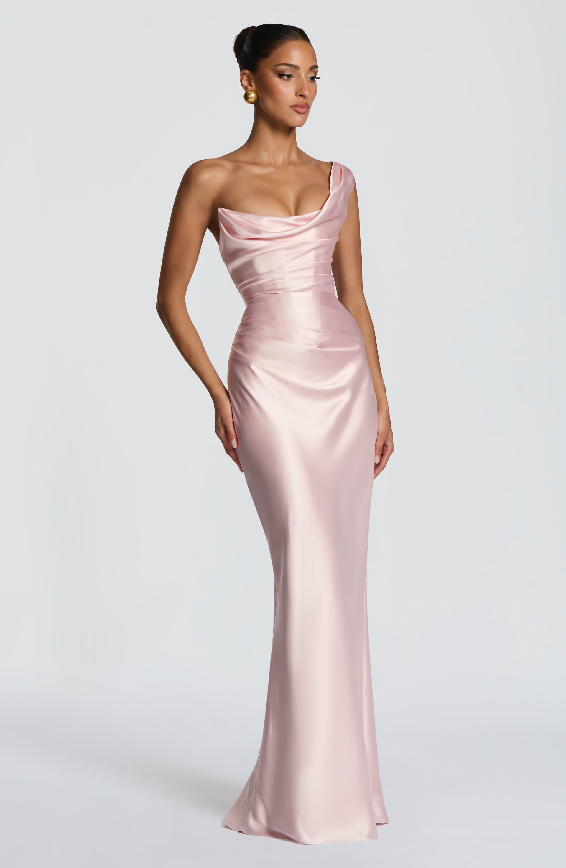 Thalassa Maxi Dress in Blush - Satin One Shoulder with Corset and Lace-Up Back