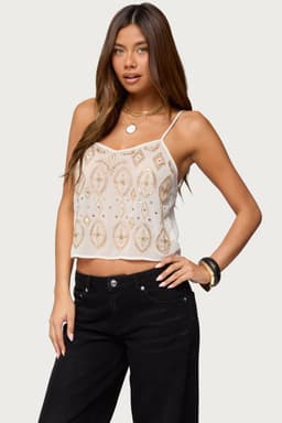 Kaleesy Beaded Tank Top with Adjustable Straps, V-Neckline, Sheer Back - Polyester