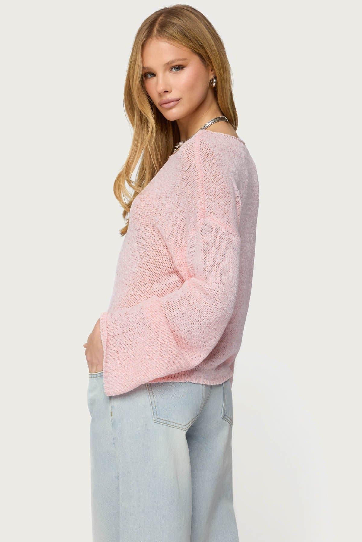 Drop Shoulder Light Knit Sweater - Relaxed Fit Polyester Rayon