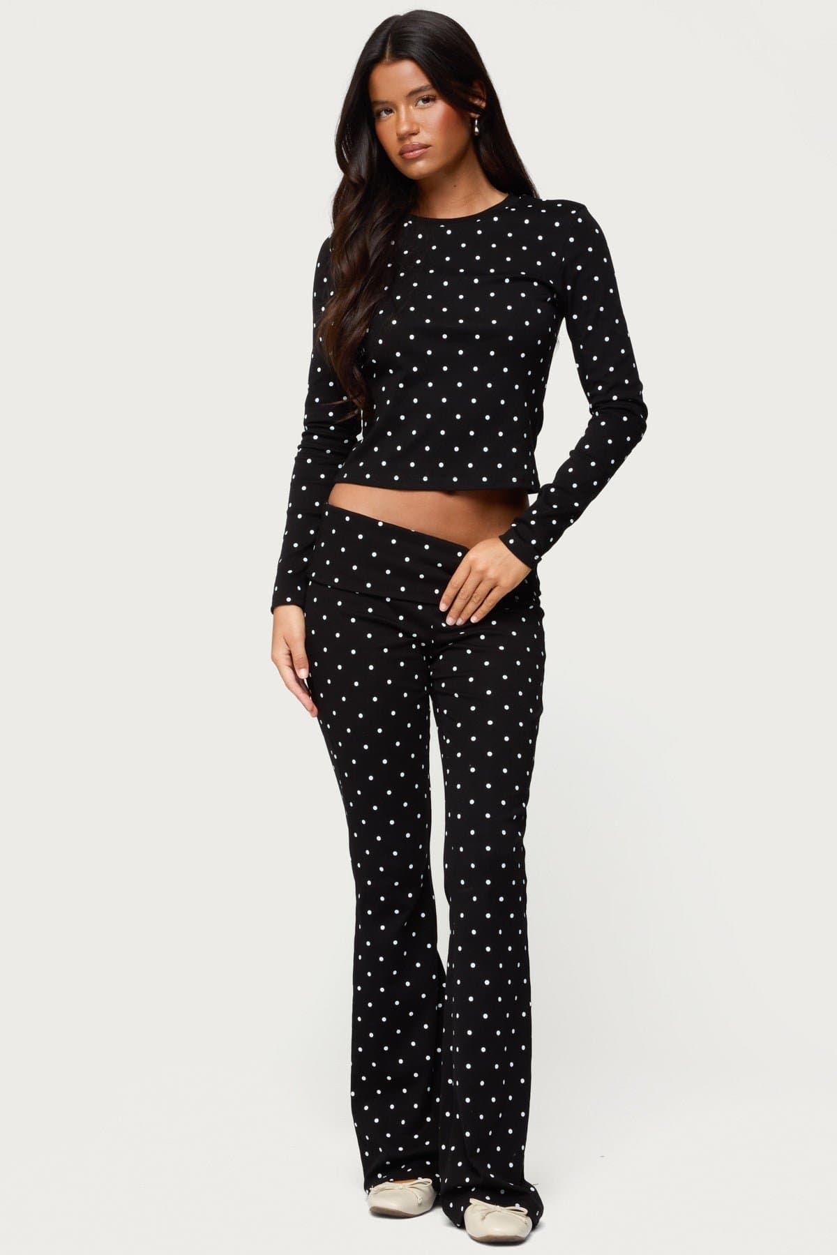 Daliya Polka Dot Fold Over Flared Loungewear Pants - Cotton Spandex