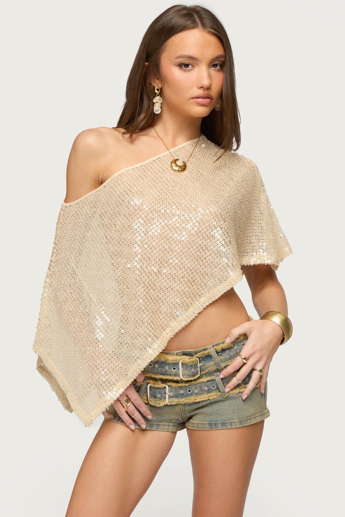 Alanna Sheer Sequin Poncho - Off Shoulder Asymmetric Hem Polyester Spandex