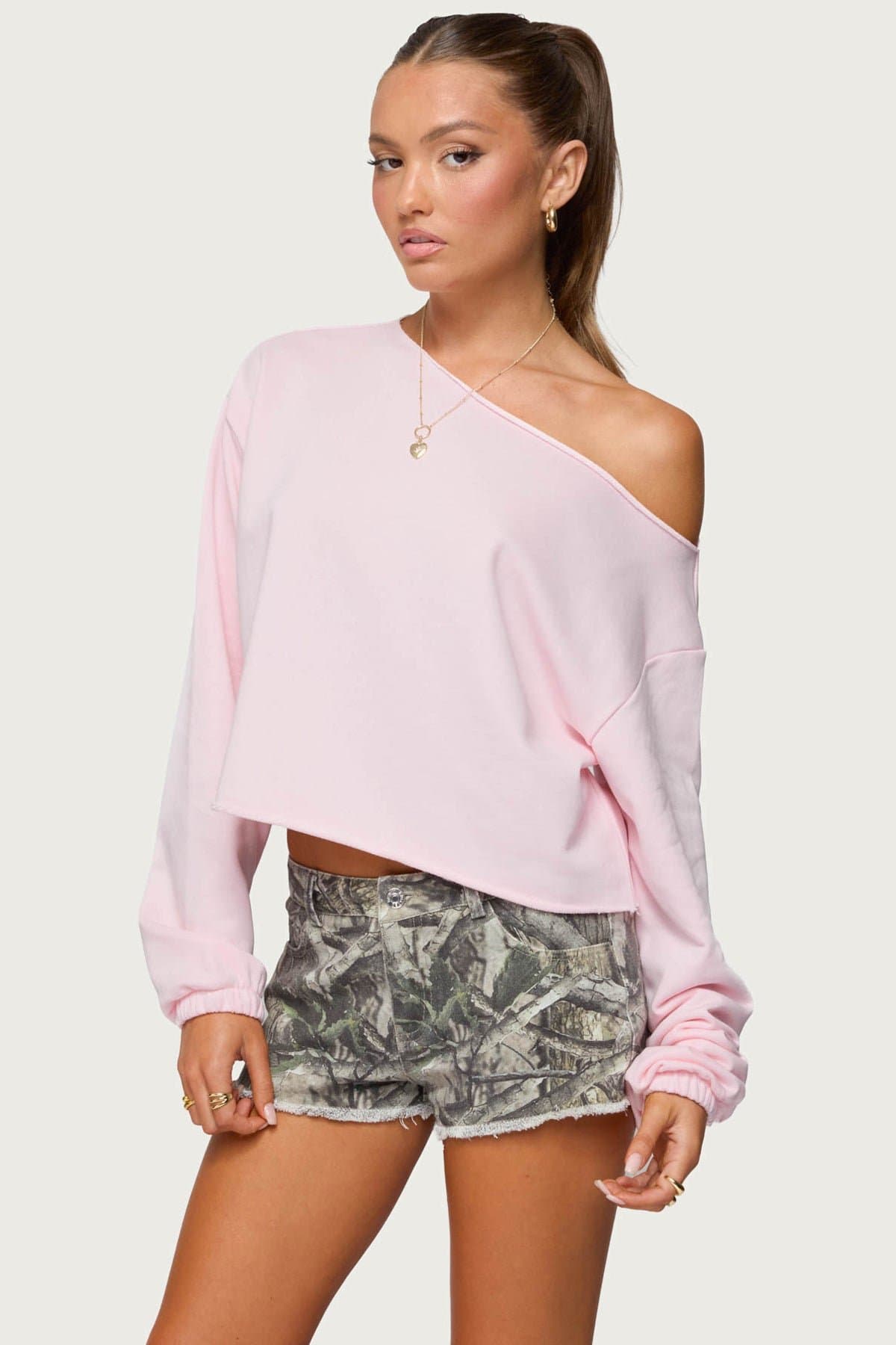 Aveline Off Shoulder Light Sweatshirt - Cotton Polyester Rolled Edges
