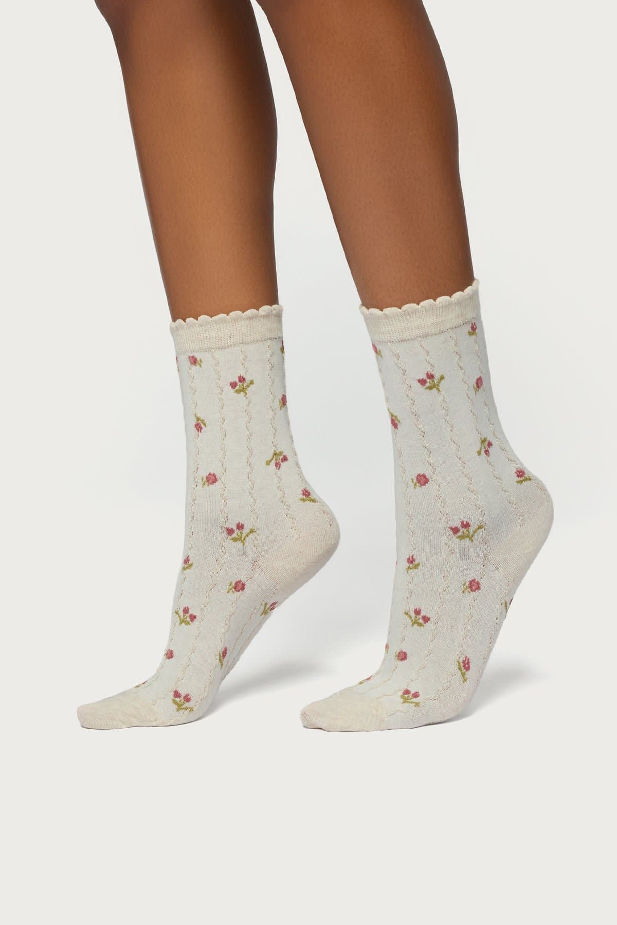 Embroidered Rose Socks with Frill Trim - Cotton Nylon Spandex Blend 11.4in Length