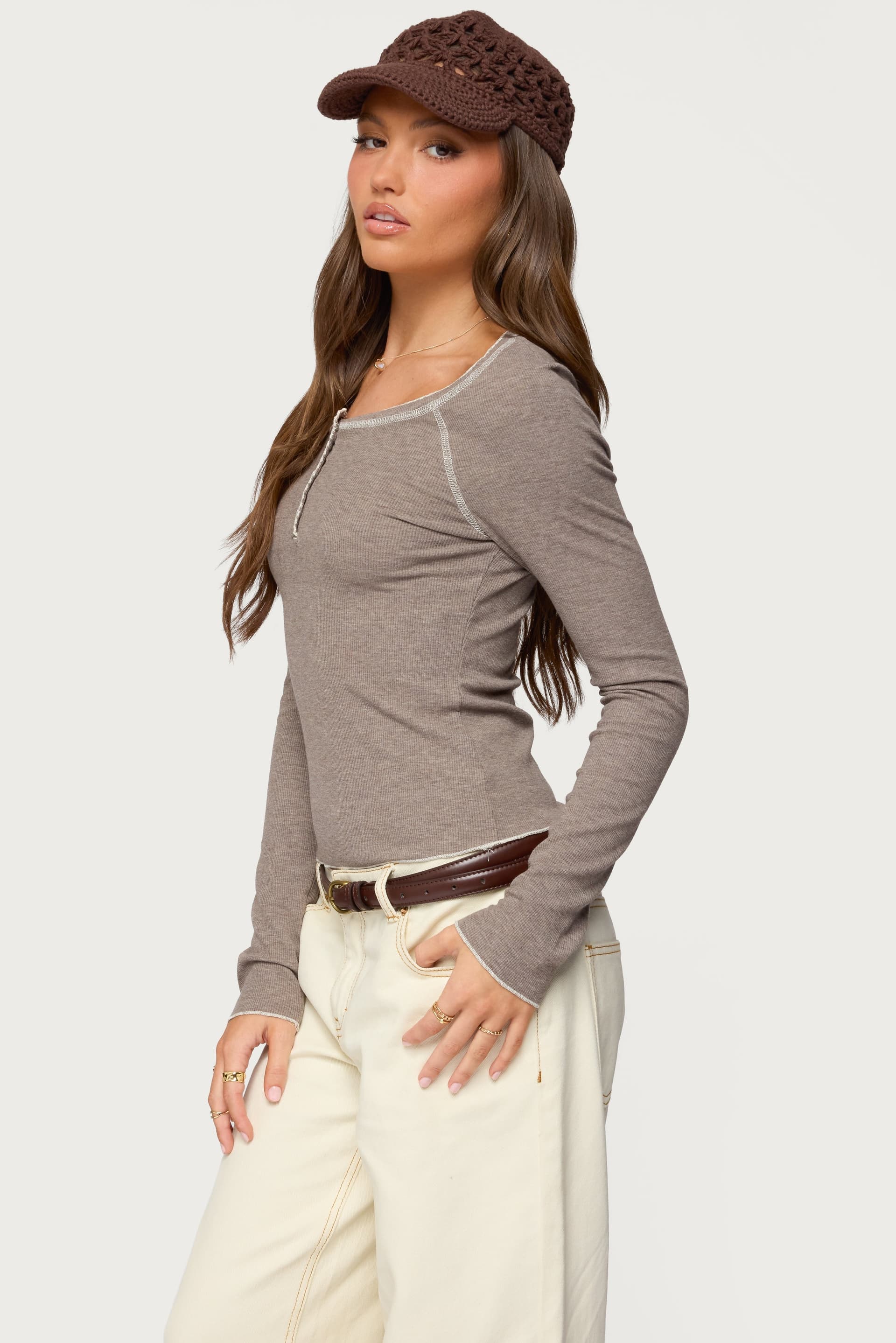 Ensley Contrast Stitch Long Sleeve Henley Top - Polyester Rayon Spandex