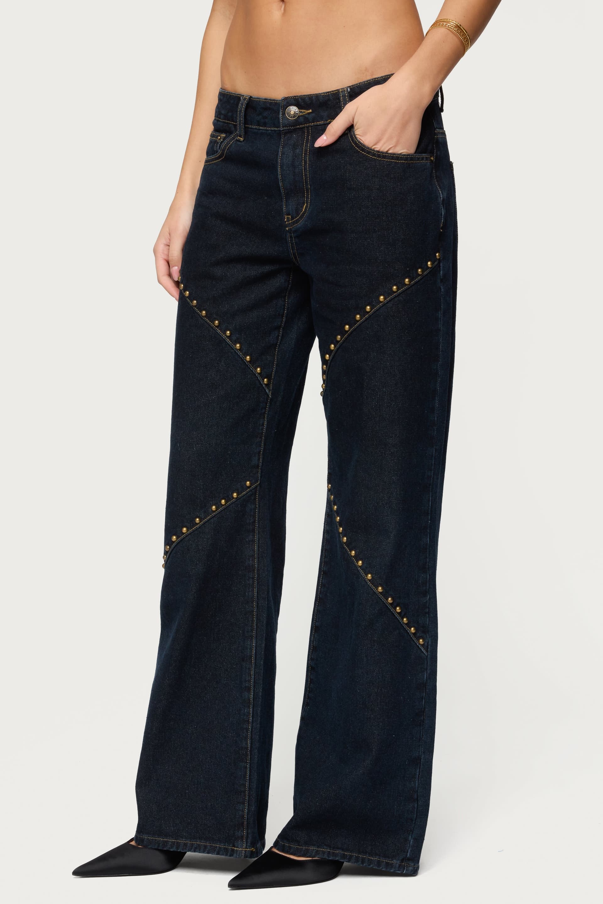 Charla Stud Low Rise Baggy Jeans - Rigid Cotton Denim with Panel Stitching, Size S Inseam 31.5"