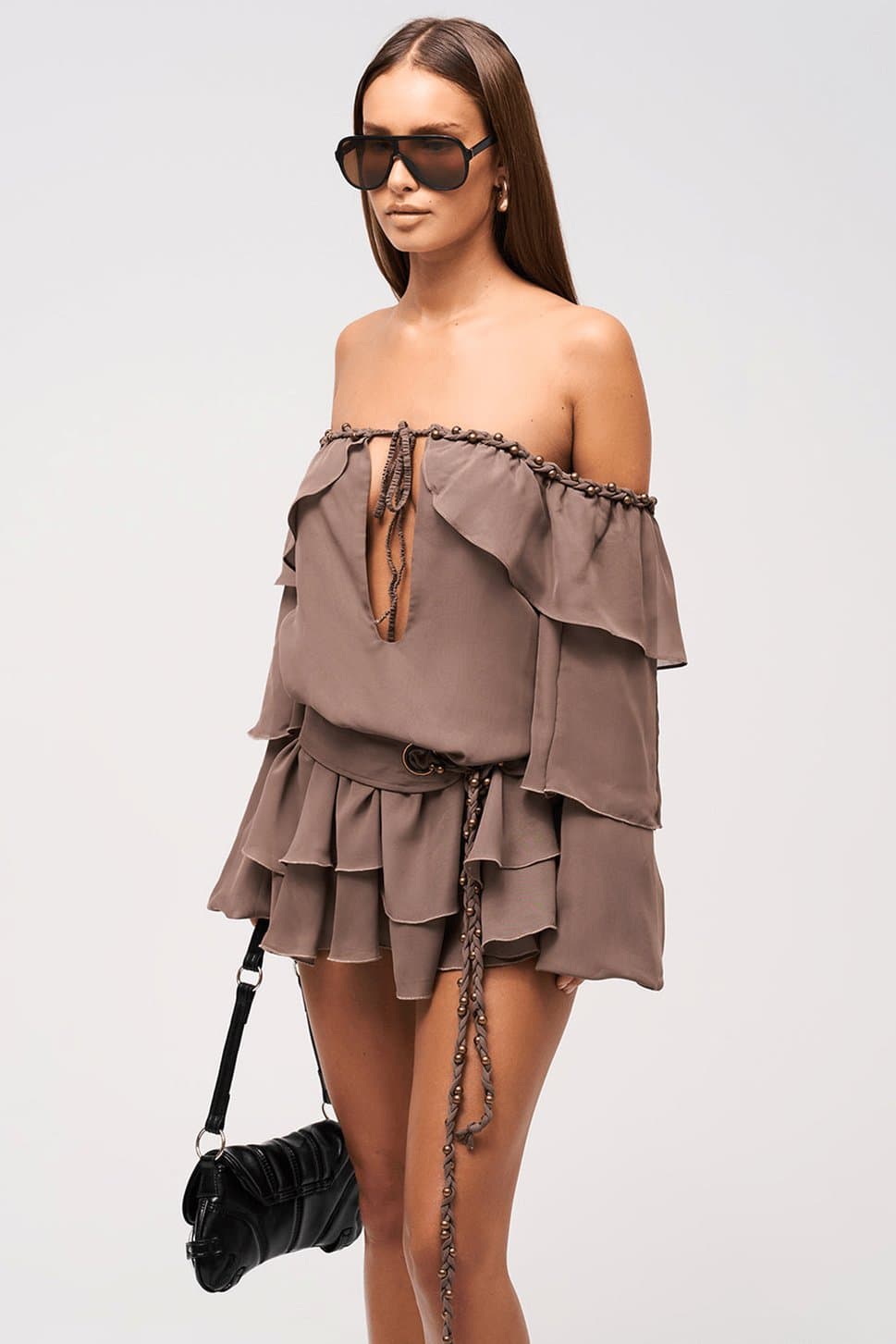 Dixie Bardot Off-Shoulder Chiffon Dress with Keyhole Bust and Plait Details