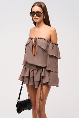 Dixie Bardot Off-Shoulder Chiffon Dress with Keyhole Bust and Plait Details