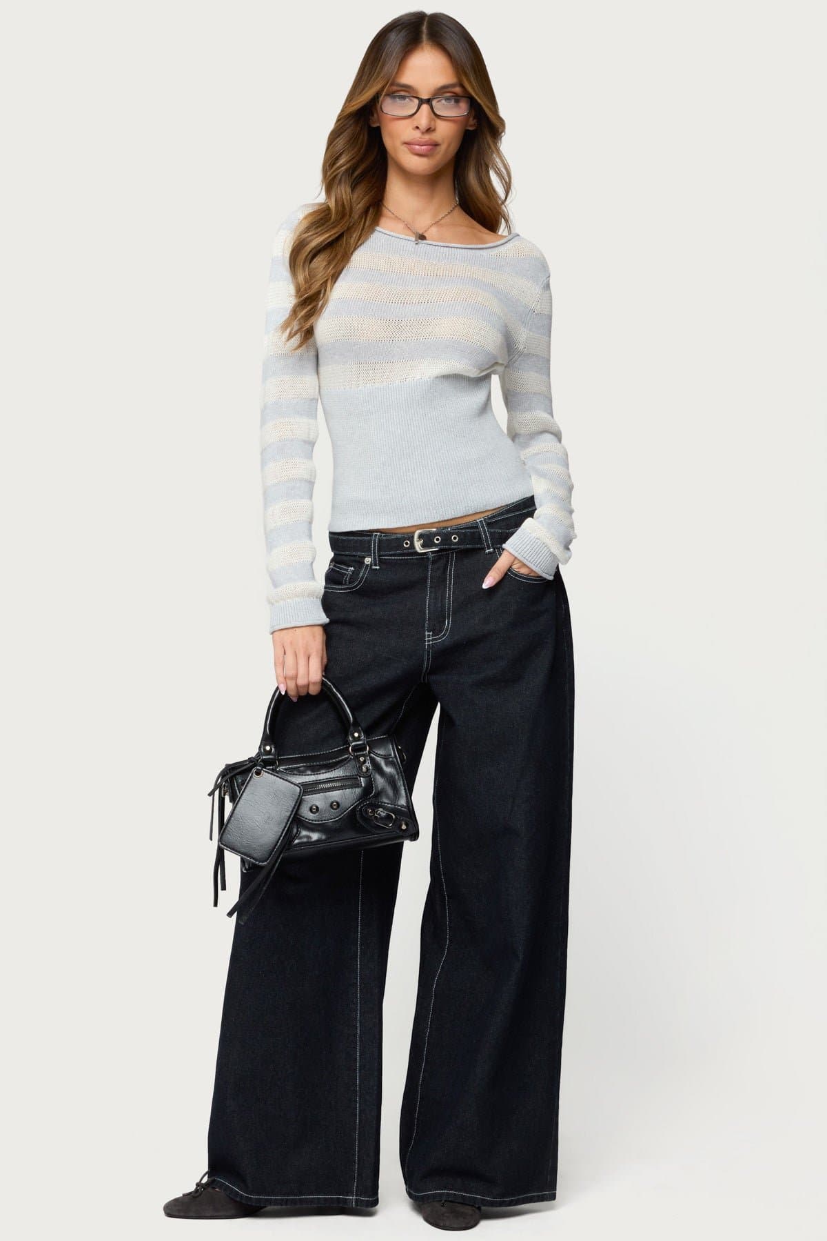 Cornella Boat Neck Striped Knit Top - Long Sleeve Cotton Polyester Ribbed Waist