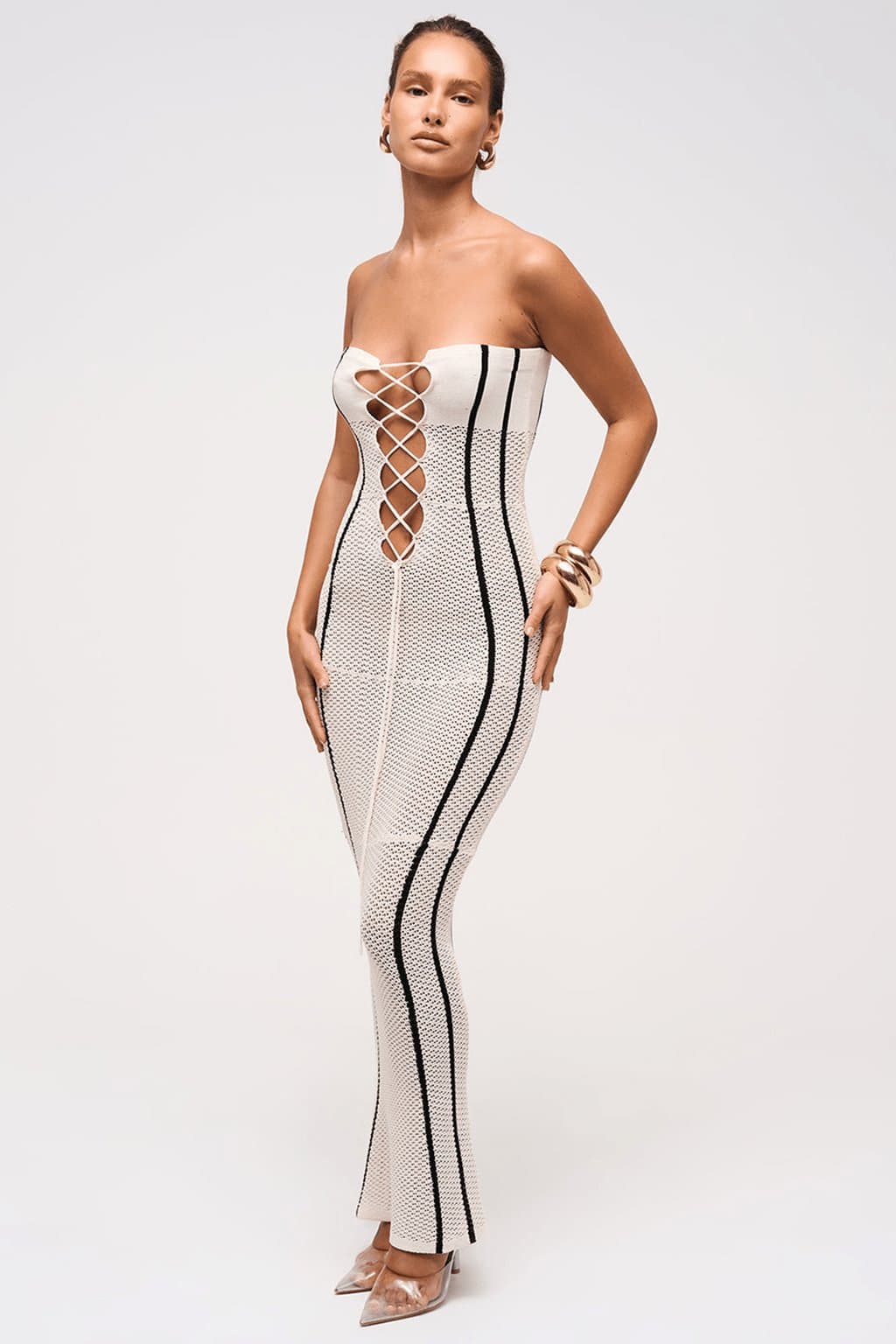 Sahara Bandeau Lace Up Maxi Dress - Semi-Sheer Stretchy Knit