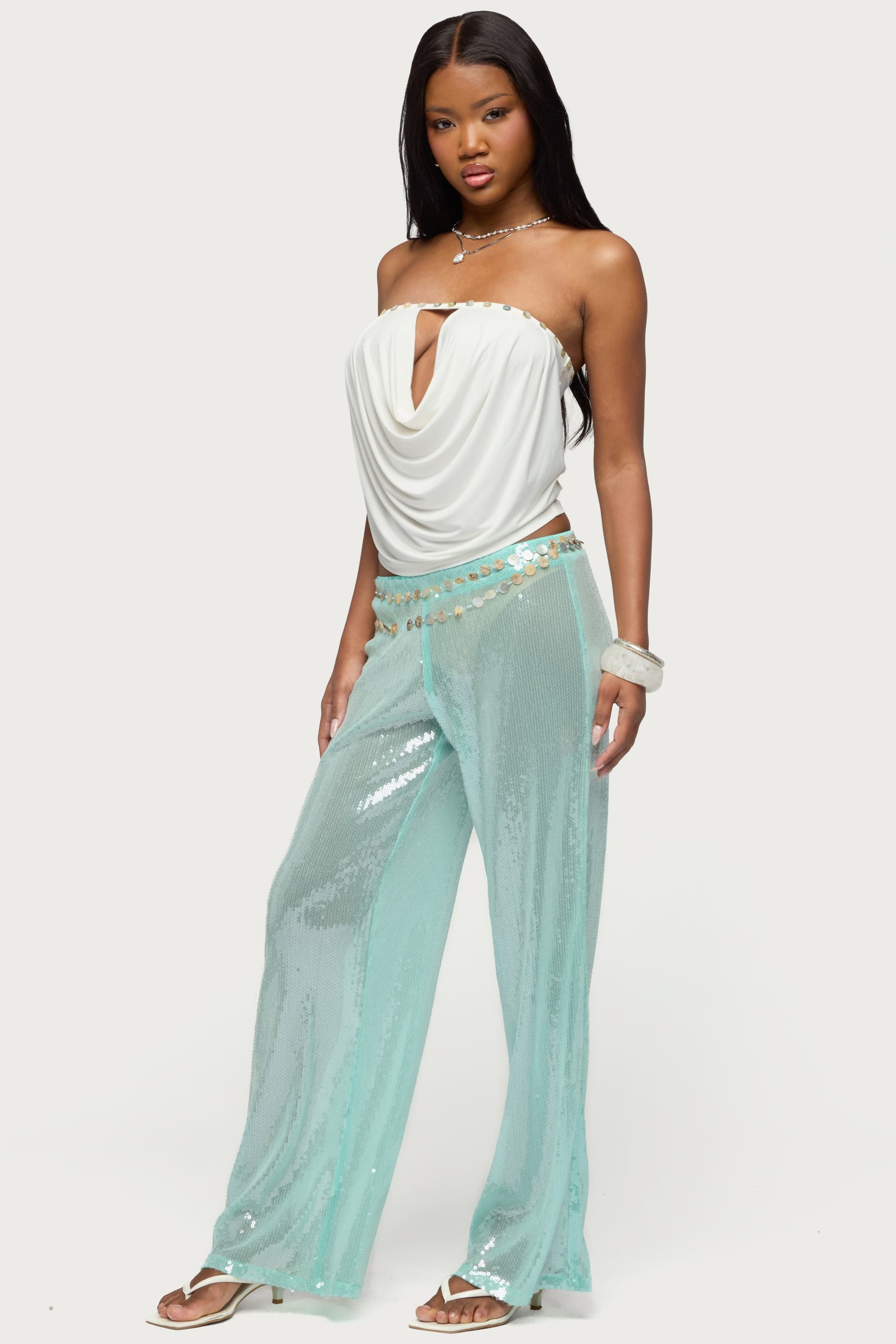 Avalee Sequin Wide Leg Pants - Polyester Spandex Elastic Waistband
