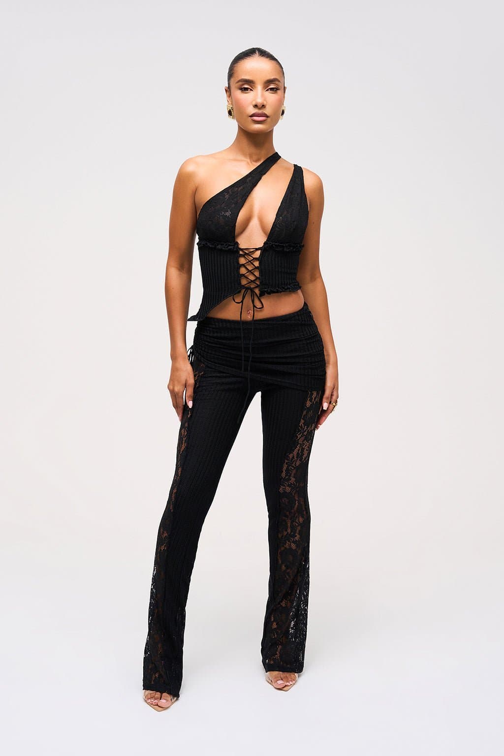 Obsidian Trouser Full-Length Fit Flare Lace Side Panels Stretchy Textured Fabric