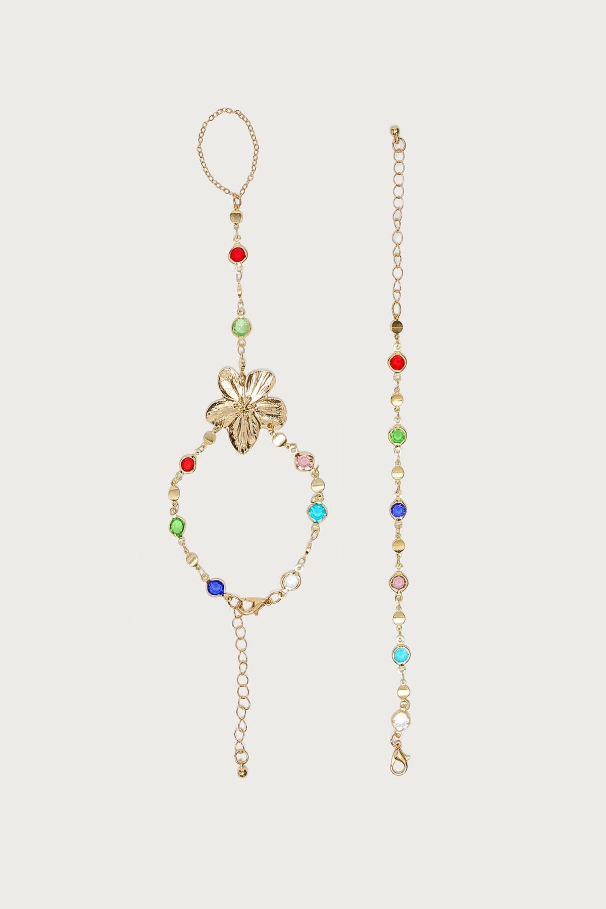 Flower Gem Handchain & Bracelet Set - Gold Tone Metal Glass Gemstone 6.3in