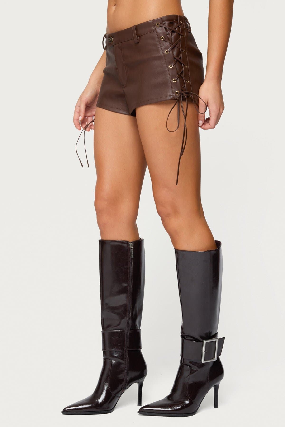 Kariss Lace Up Faux Leather Micro Shorts Polyurethane Polyester Size S Inseam 1.8in