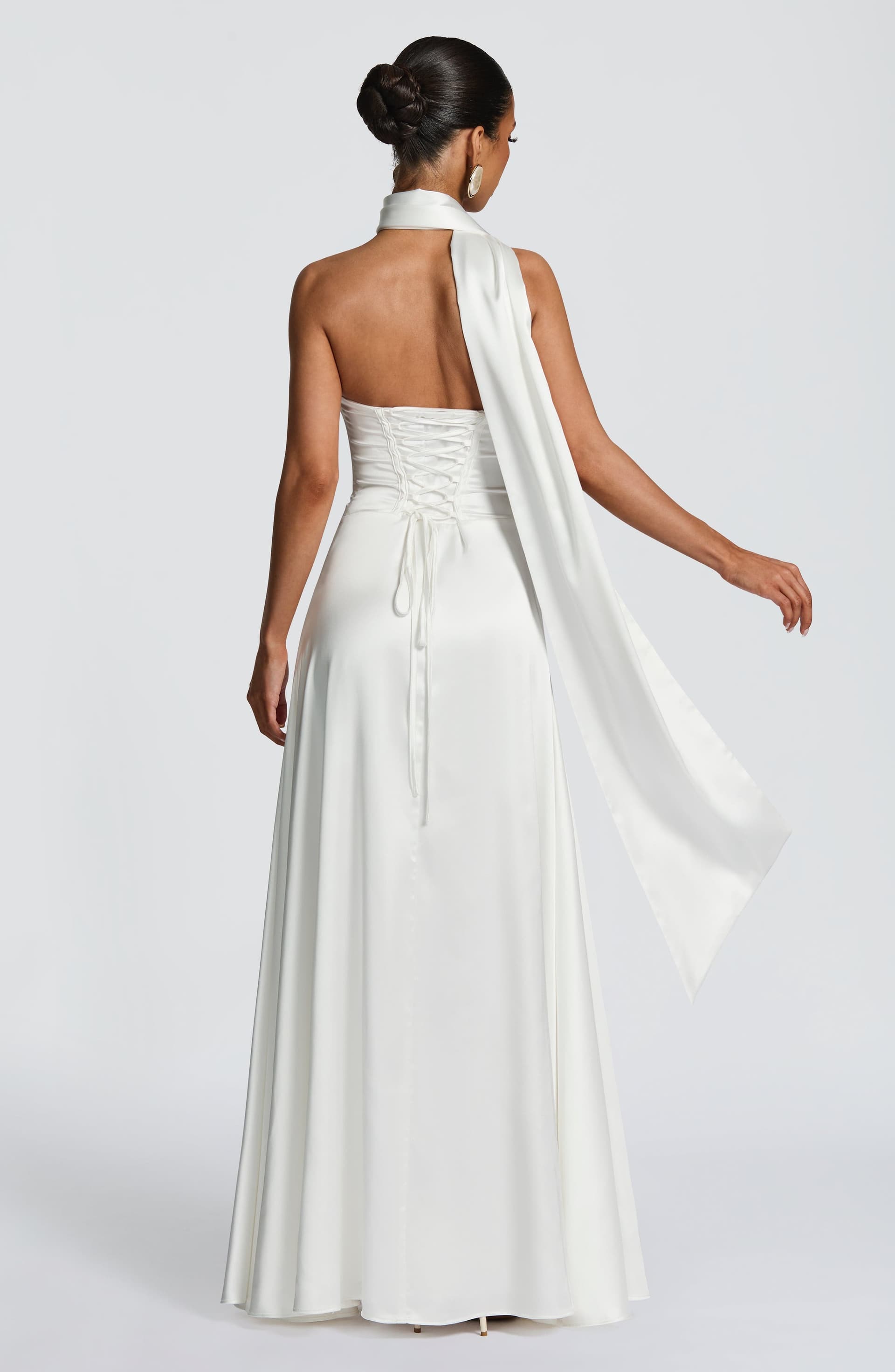 Morven Maxi Dress in Ivory - Strapless Satin A-Line with Lace-Up Back
