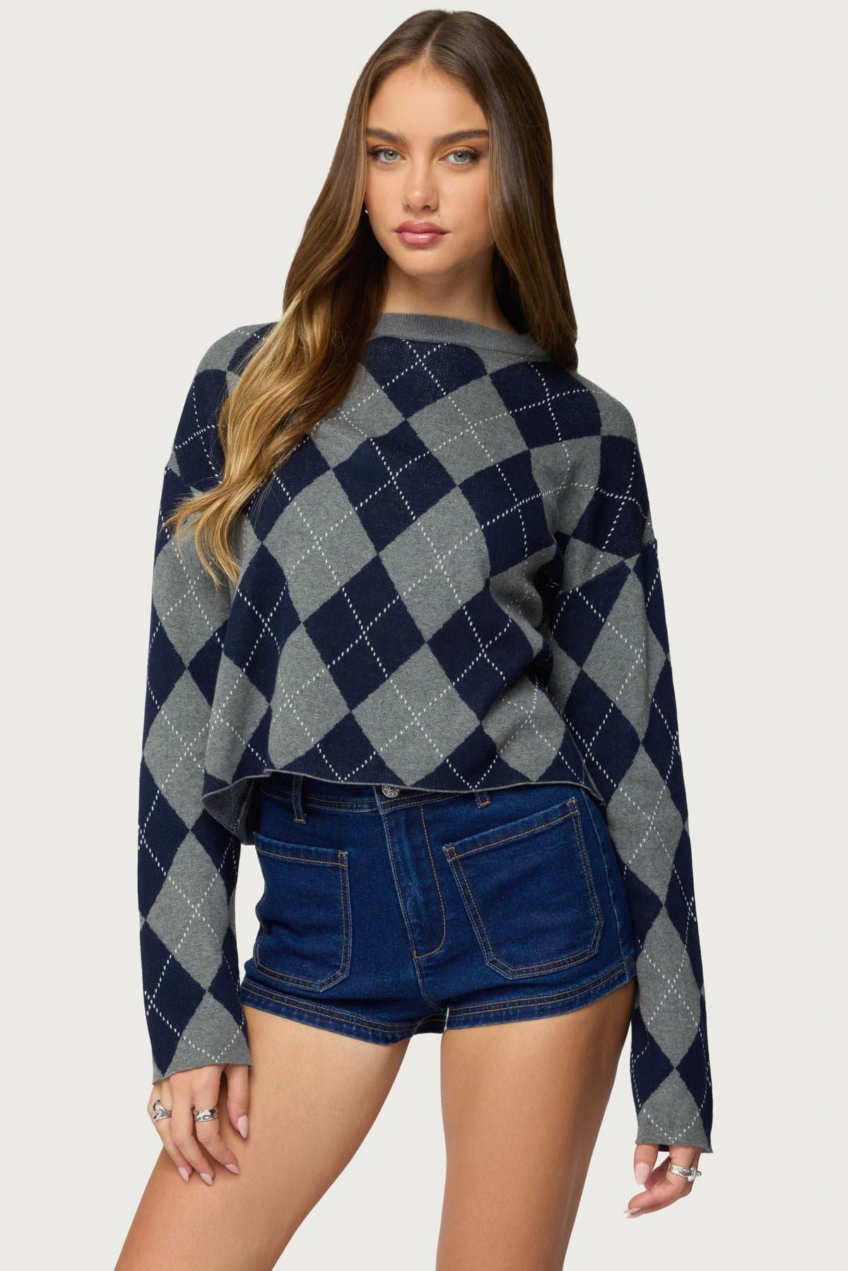 Prep Girl Argyle Knit Top - Long Sleeve 100% Cotton Sweater