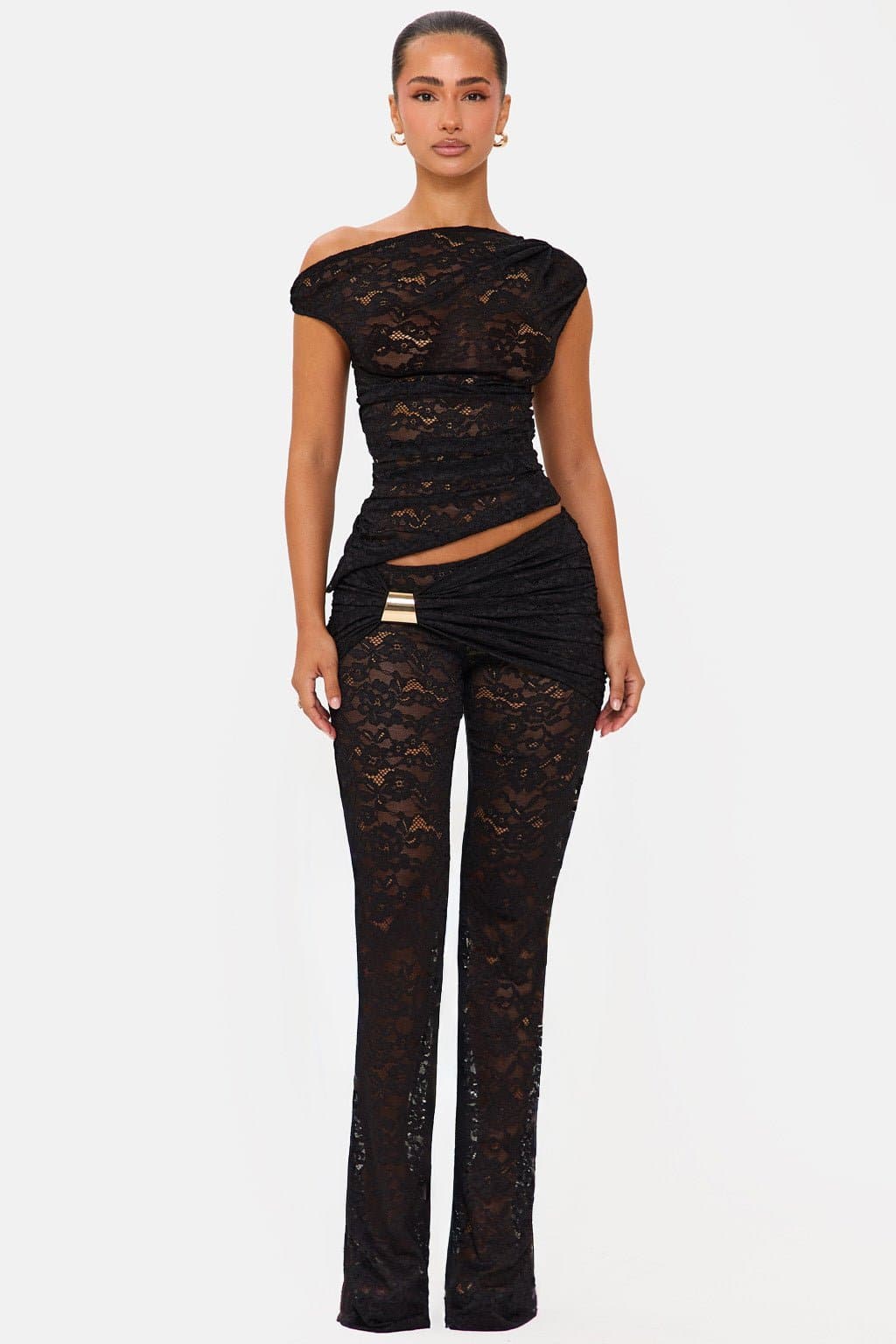 Tempt Black Lace Co-ord Set Off Shoulder Top Straight Leg Trousers Gold Hardware
