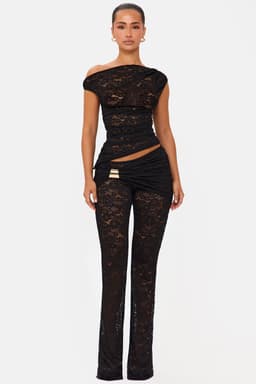 Tempt Black Lace Co-ord Set Off Shoulder Top Straight Leg Trousers Gold Hardware