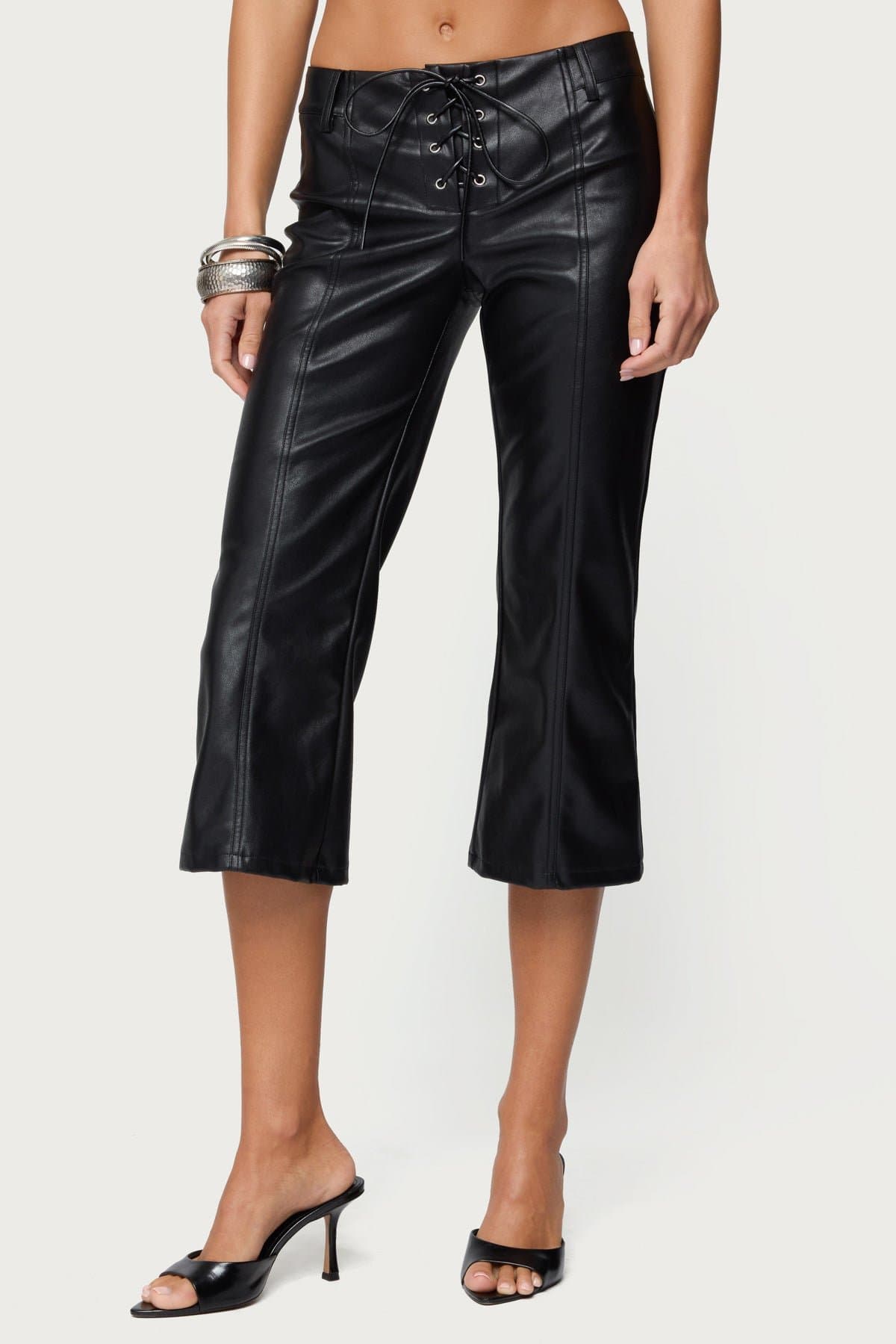 Lexy Faux Leather Flared Capri Pants - Low Rise Lace Up Polyurethane Polyester Size S Inseam 21.5in