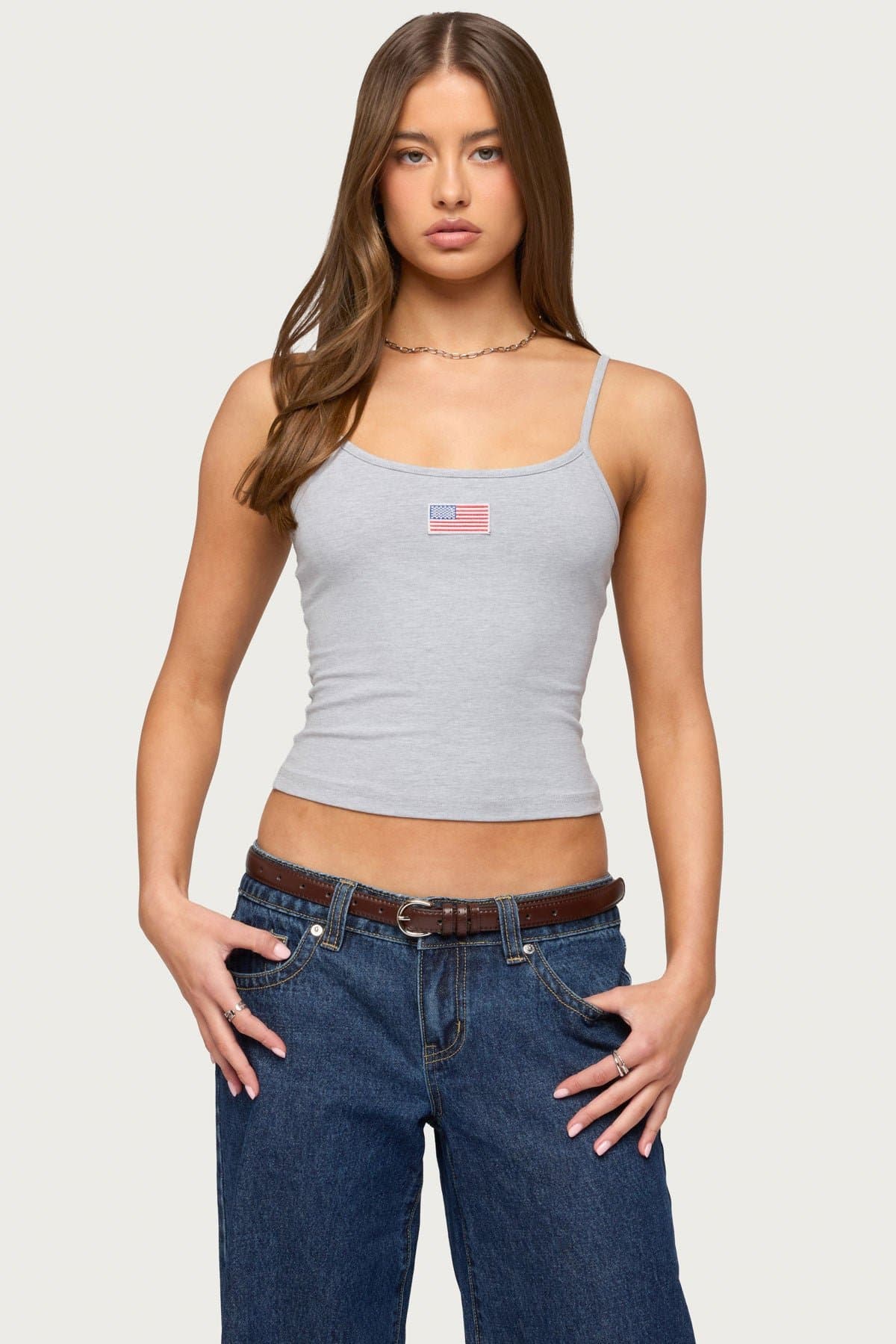 USA Tank Top with Adjustable Straps, Embroidered Patch, Cotton Spandex
